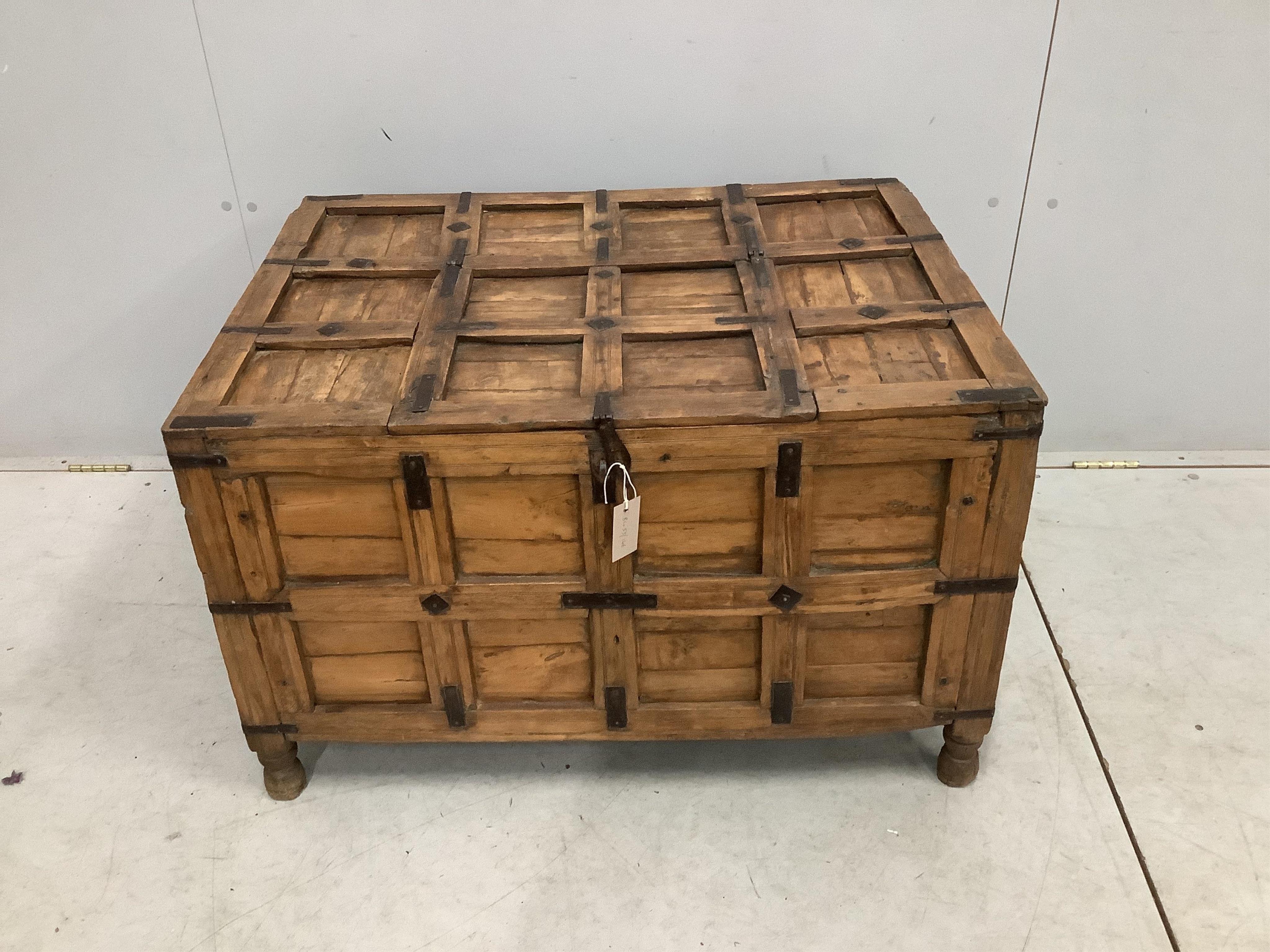 An Indian iron mounted hardwood trunk, width 87cm, depth 63cm, height 54cm. Condition - fair